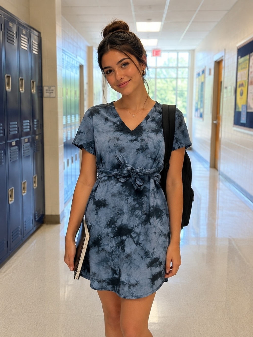 V-Neck Tie-Waist Blue Tie-Dye Dress